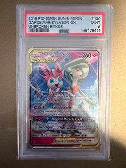 2019 Pokémon Sun & Moon: Unbroken Bonds Gardevoir & Sylveon GX #130/214 (regular Ultra Rare Tag Team) in PSA 9.