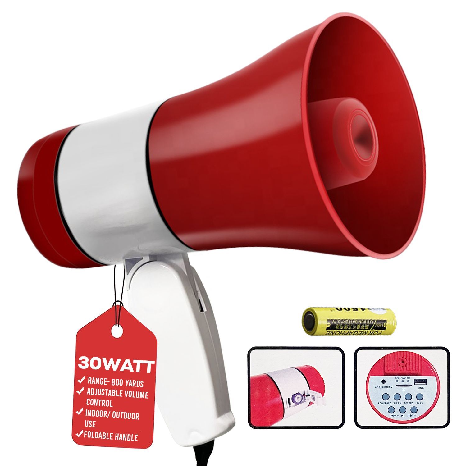 5Core Megaphone Bullhorn 30W Bull Horn Rechargeable Mini Cheer Megafono 800 Yards Range Loudspeaker W Siren Recording for Coaches Football 138 RU