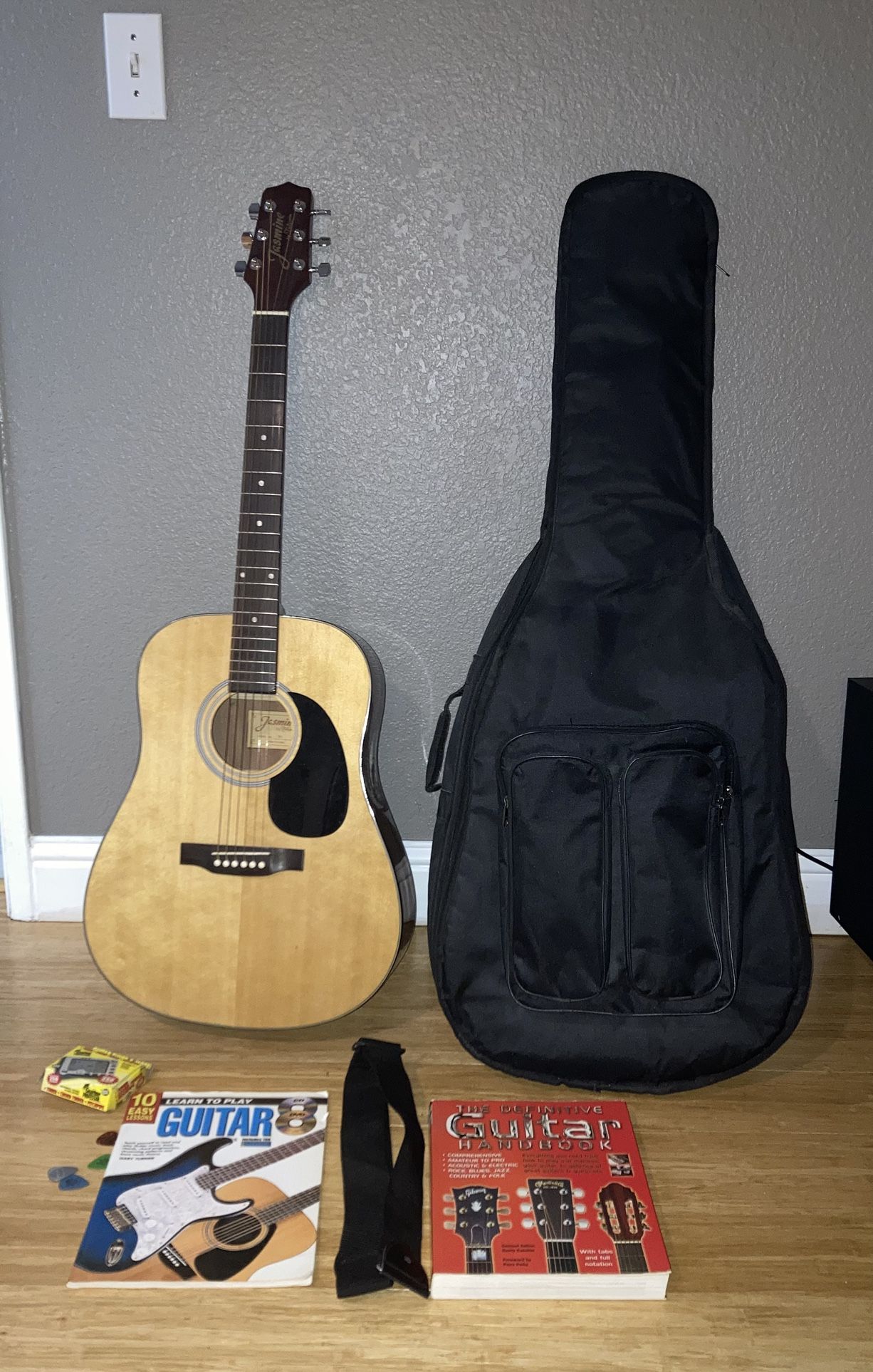 Jasmine Takamine Acoustic Guitar With Bag, Picks, Books, Strap, And Tuner