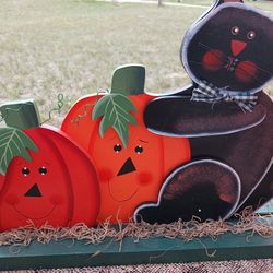 Black Cat And Pumpkins Halloween Wood Decor