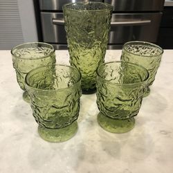 Vintage Green Textured Glass Bar Set Of 5