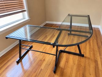 L-Shaped Glass Computer Desk with Black Metal Frame