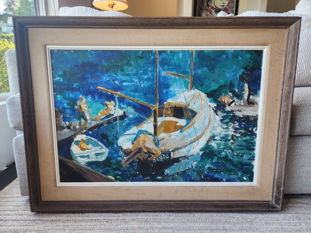 Original Vintage Sailboat Impressionist Style Oil Painting