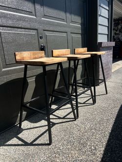 Set of 3 industrial wood-and-metal low-back bar stools