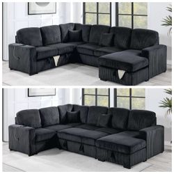 Black large corduroy sectional sleeper sofa with pull out bed
