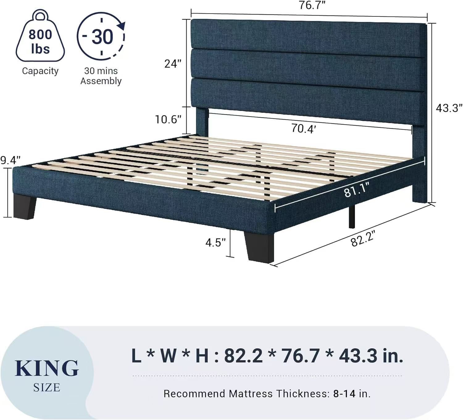 🥨King Size Allewie Platform Bed Frame with Fabric Upholstered Headboard and Wooden Slats Support, Fully Upholstered Mattress Foundation/No Box Spring