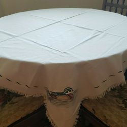Vtg Cream Tablecloth with Duck Design - Square 57"
