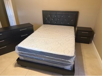 Full size bed frame with mattress set. 1 nightstand dresser all new furniture free delivery free installation