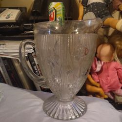 VINTAGE 2 Qt.  JEANETTE  CLEAR IRIS & HERRINGBONE CLEAR GLASS PITCHER  