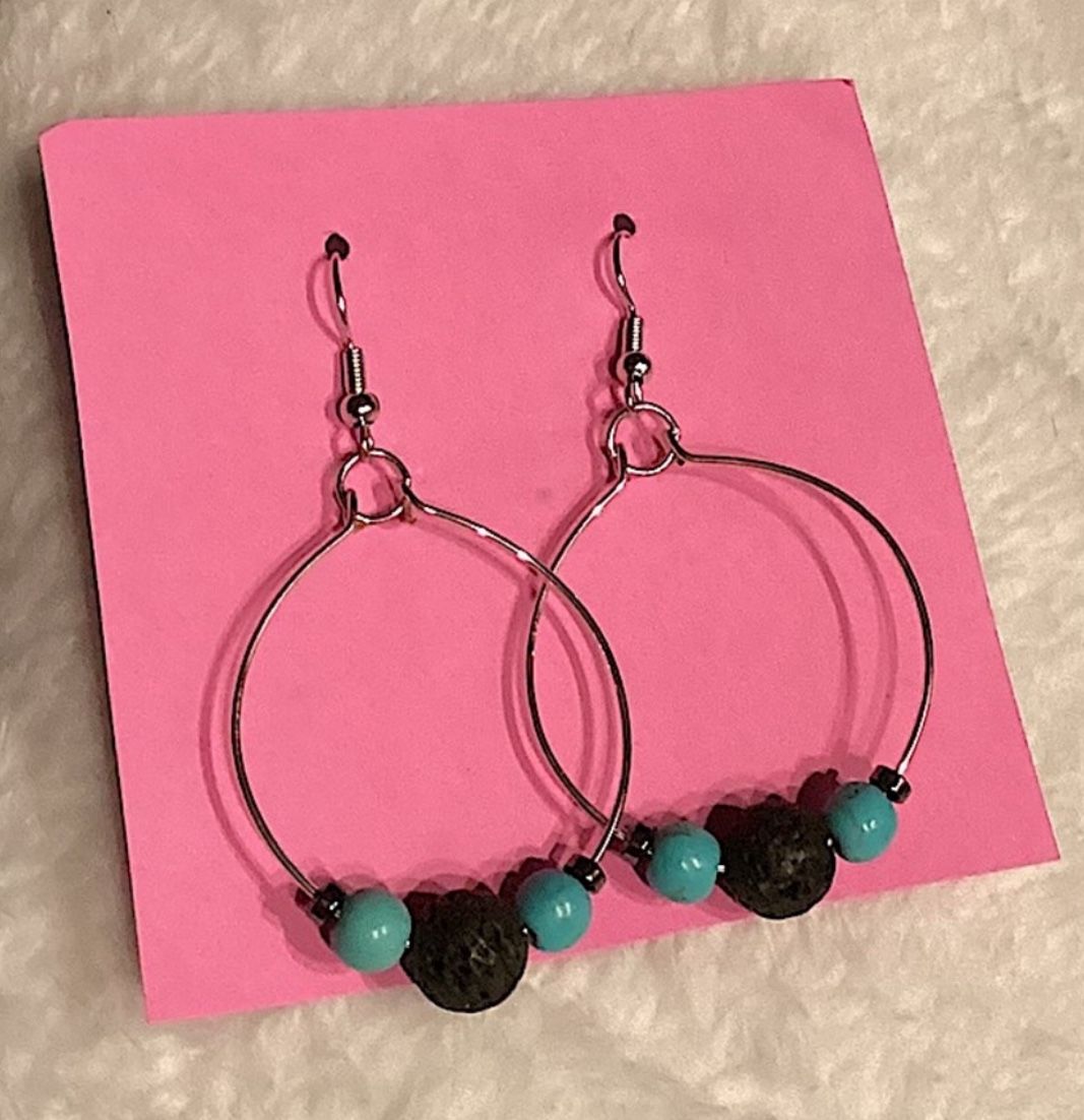 Lava Rock and Turquoise Hoop Earrings