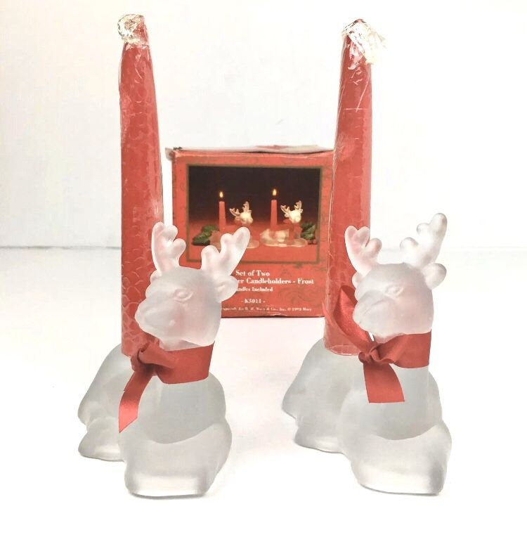 Set of 2 Frosted Glass Reindeer Christmas Candle Holders