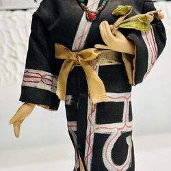 VTG  Ainu Cloth Doll 13” Hokkaido Japan Indigenous Folk Art Figure Kimono W/Base