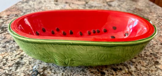 Vintage Mid Century Handmade Hand-painted Ceramic Large Oval Watermelon shape Stunning Fruit Serving Bowl