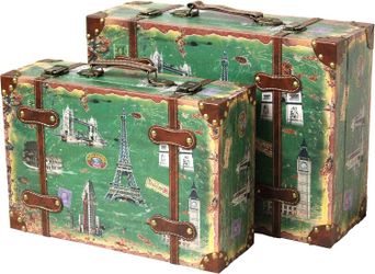 Set of 2 European Landmarks Vintage Woode  Luggage With Leather Straps and Handle Treasure Boxes New Target $120