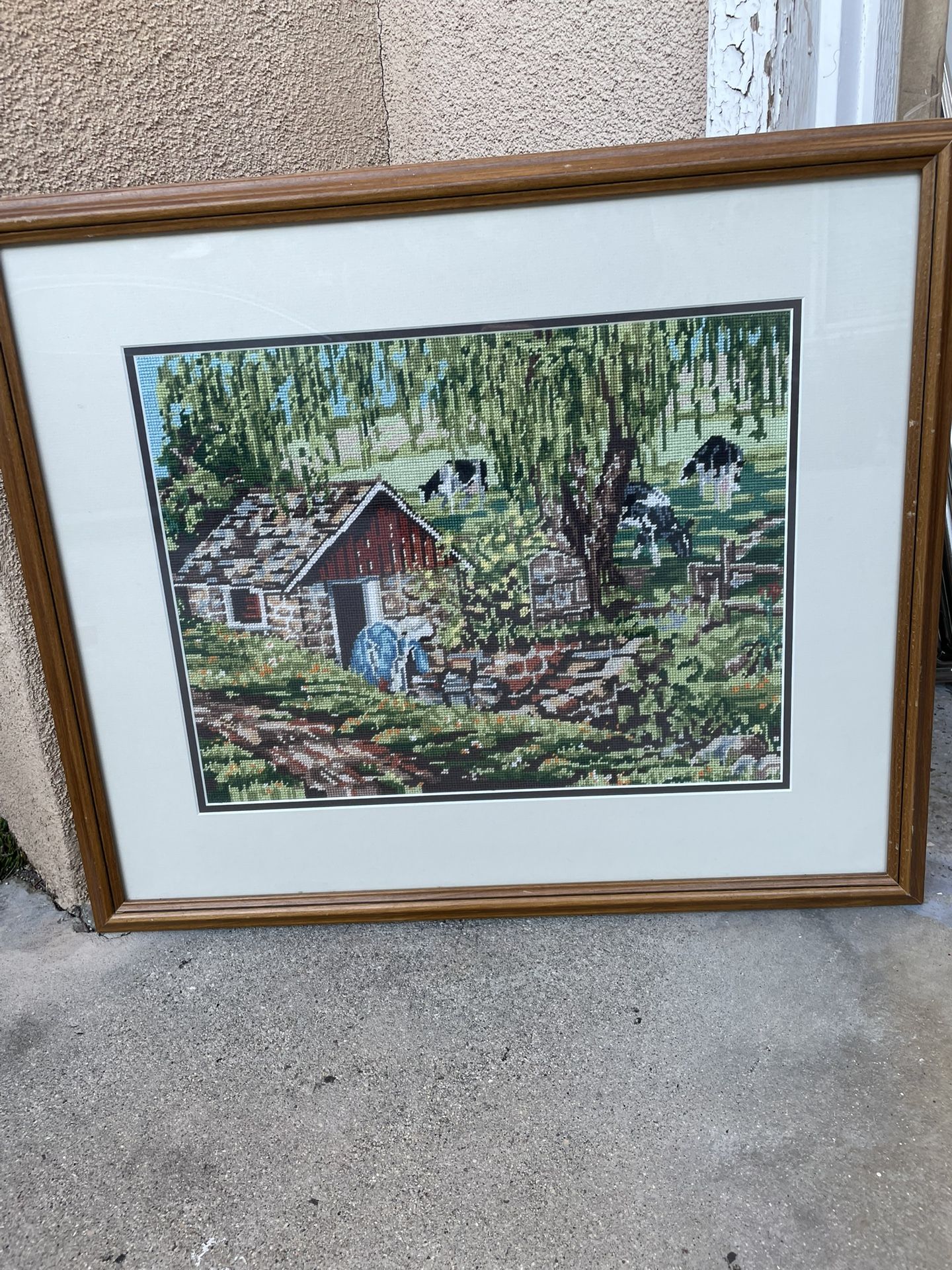 Vintage Framed Needlepoint Country Farmhouse Scene Barn Cows