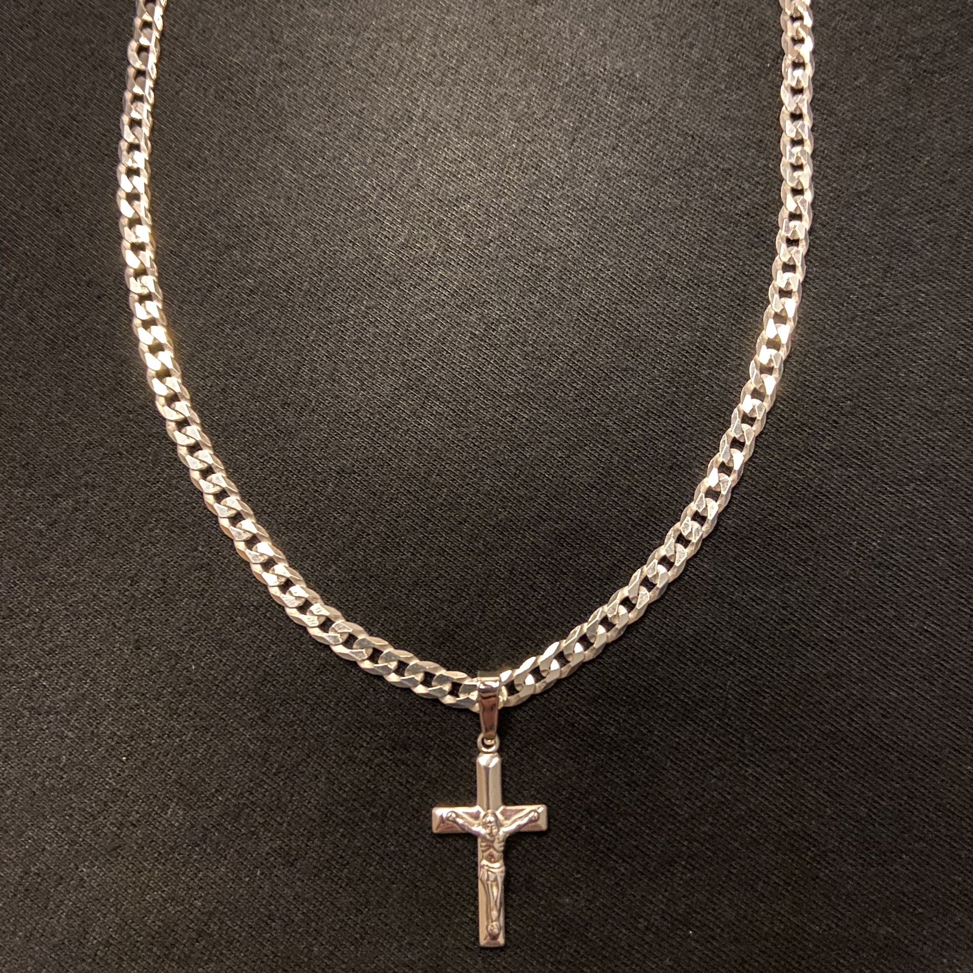 Real Solid Silver Chain Cuban Link Necklace 20in 4mm And Silver Cross Pendant Set