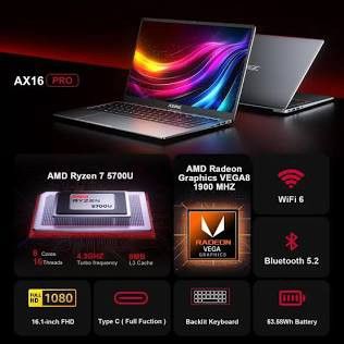 NIPOGI AX16pro 16.1 FHD Gaming Laptop, AMD Ryzen 7 5700U, 16GB RAM, 512GB SSD, Windows 11, 
