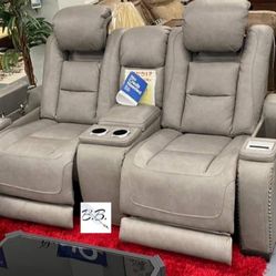 Brand New Living Room| Ashley Gray Real Leather Power Reclining Loveseat| Power Reclining Sofa Couch And Recliner Chair Available| Black, White, Brown