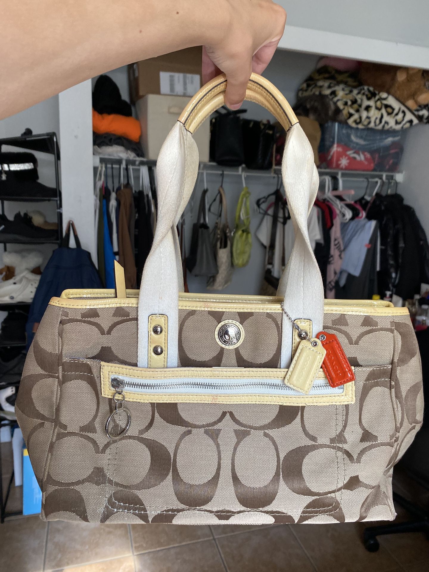 Coach F14876 Daisy Tote hand bag purse In Signature Jacquard with Signature Khaki Yellow accents