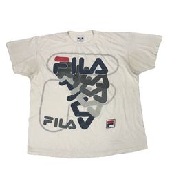 Vintage FILA Shirt Mens XL White AOP All Over Print Spell Out 1990s Hip Hop Rap
