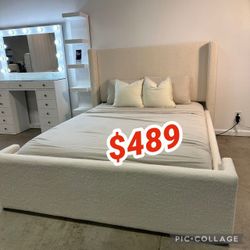 Boucle Upholstered Queen Wingback Bed White