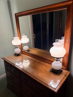 Vintage White Milk Glass Hobnail Hurricane Lamps - Matching Pair