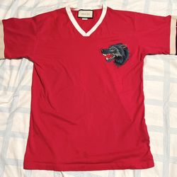 GUCCI Stripe T-Shirt With Wolf Head, Size L, Red