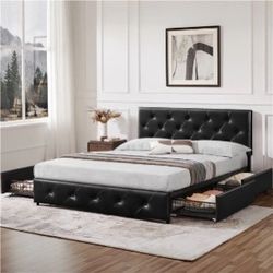 Queen Bed Frame Upholstered Bed Frame with Adjustable Diamond Button-Tufted Headboard/3 Drawers Storage, Queen Platform Bed/Strong Wooden Slats
