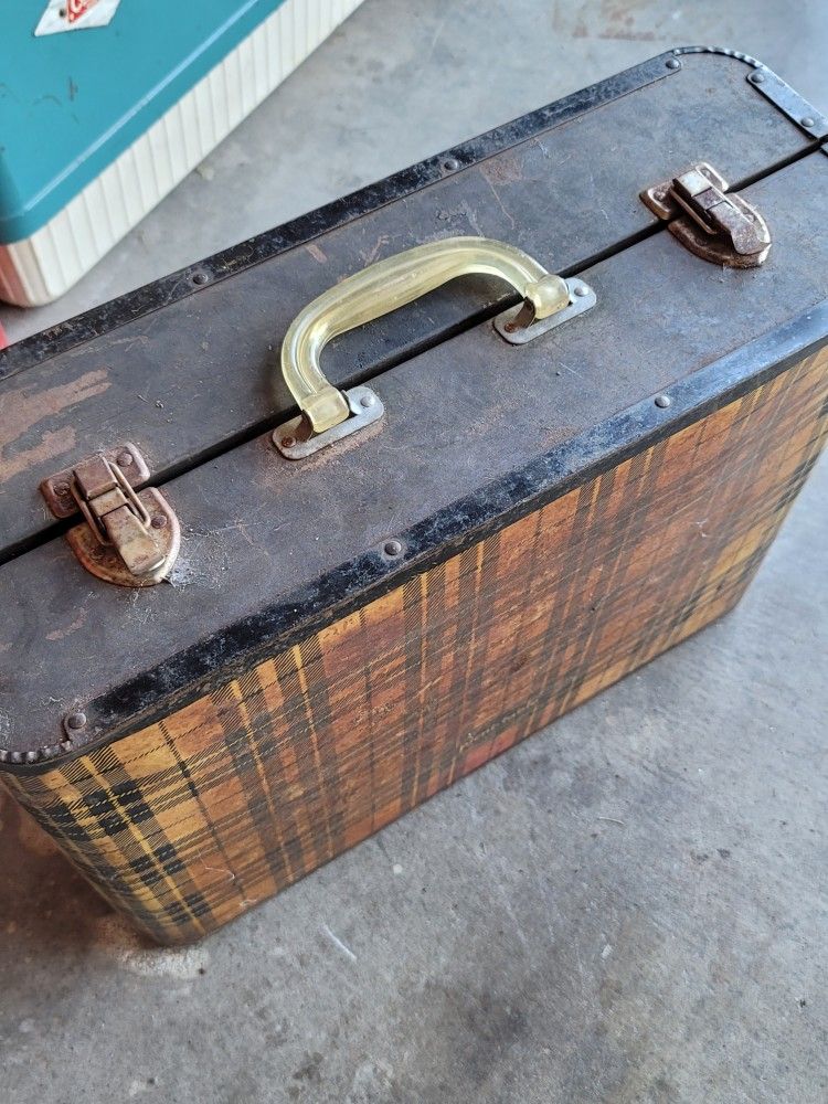 vintage antique folding suitcase luggage plaid picnic picni-table