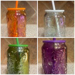 Halloween Glass Tumbler Cups with Straws Set of 4