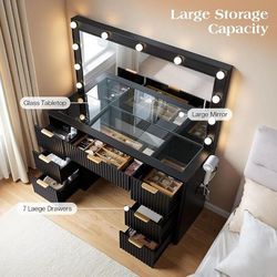 36" Makeup Vanity Desk with Large Mirror & LED Lights, 4 Drawers, Tempered Glass Top, Charging Station, Modern Bedroom Dressing Table, Black