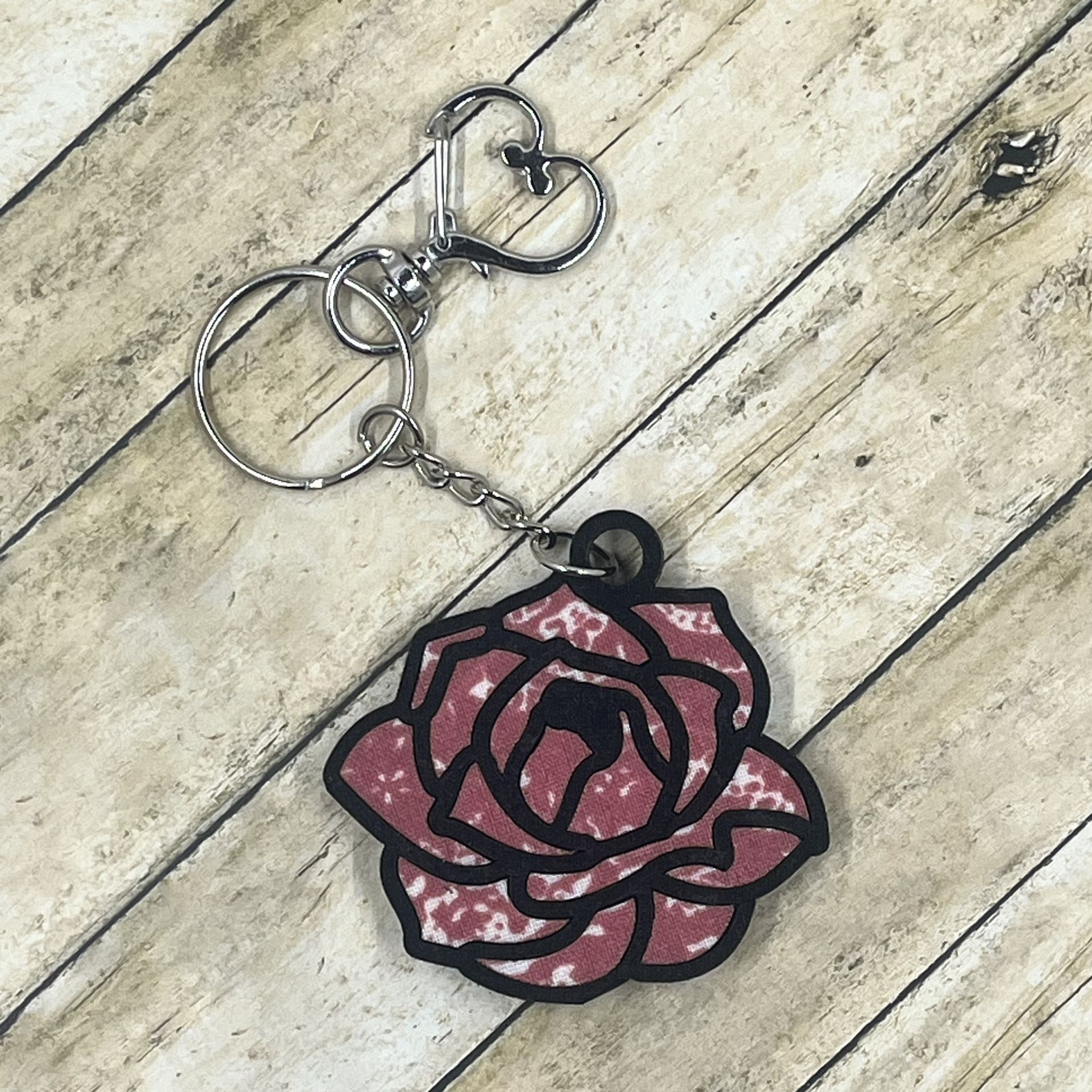 Rose Keychain, Zipper Pull, Purse Tag, Bag Tag, Handmade Wooden Laser Cut