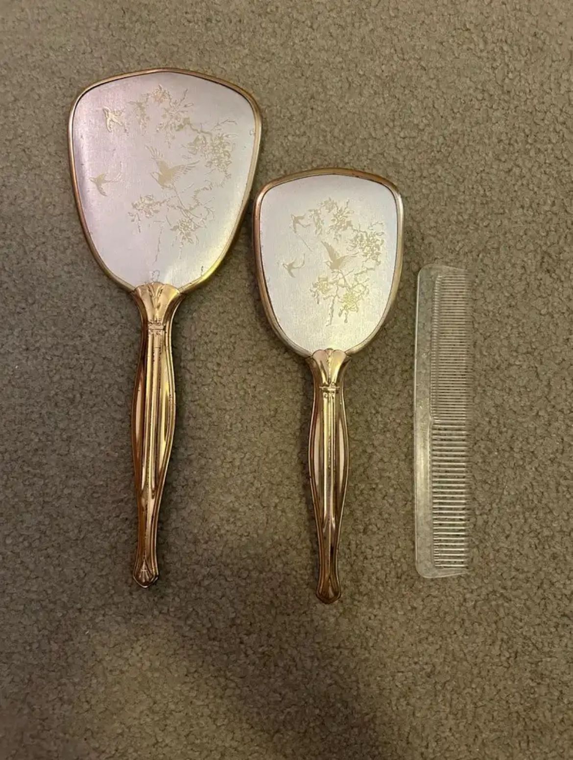 Vintage Victorian Pro-phy-lac-tic Jewelite Gold-Tone Mirror, Brush & Comb Vanity Set