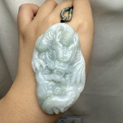 Certified Burma Jadeite Jade Engraved Dragon Pendant Cord Necklace 