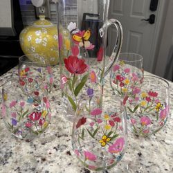 Beautiful Glass Picture With Hand Painted Flowers And 6 Matching Glasses