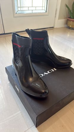 Coach Rivington Women's Pull-On Rubber Rain Boots Black Red Knit Logo Trim Sz 10