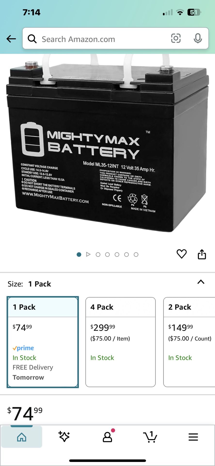 Brand: Mighty Max Battery 4.5 AAAAN 92 Mighty Max Battery ML35-12INT - 12 Volt 35 AH, Internal Thread