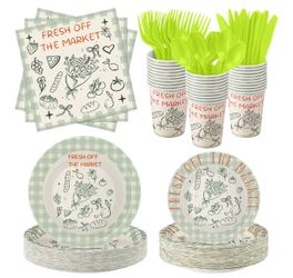 FoldTier 350 Pcs Fresh off the Market Bridal Shower Party Tableware - Paper Plate, Napkin, Cup, Cutlery, Disposable Fresh off the Market Party Decorat