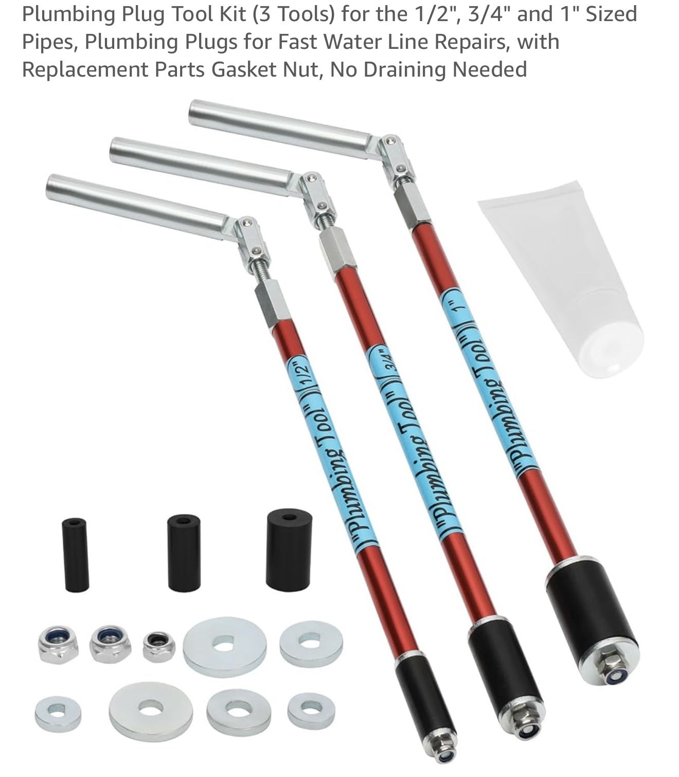 Plumbing Plug Tool Kit (3 Tools) for the 1/2", 3/4" and 1" Sized Pipes, Plumbing Plugs for Fast Water Line Repairs, with Replacement Parts Gasket Nut,