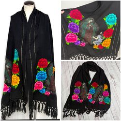 Our Lady of Guadalupe Virgin Mary Black Shawl Wrap Mexican Floral Embroidery Bufanda Virgen María