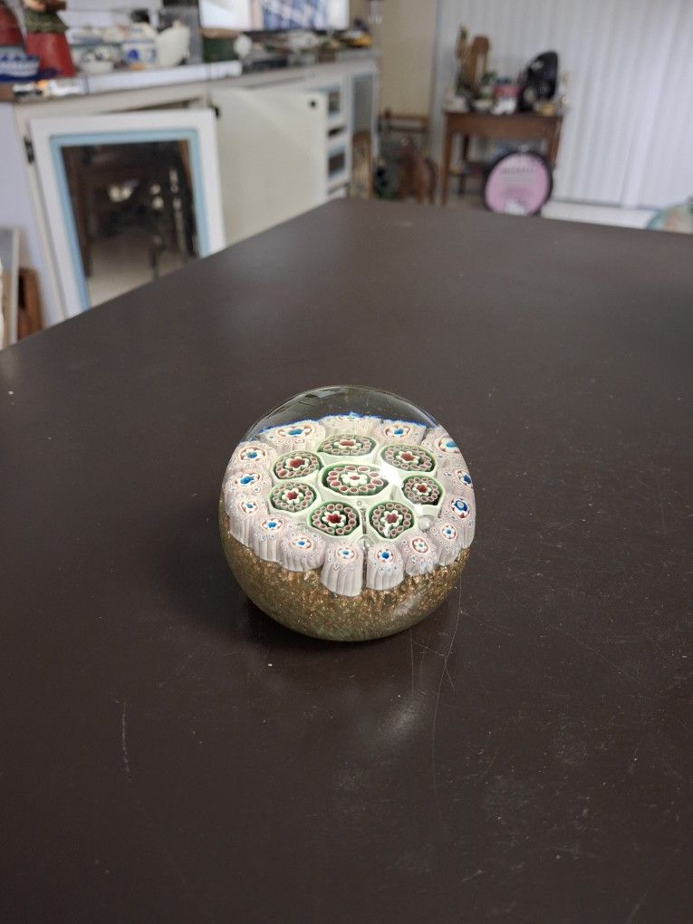 Murano Italy 🇮🇹 Hand Blown Glass Millefiori Pink White Teal Gold Aventurine Paperweight