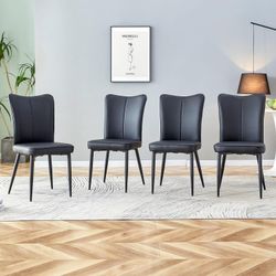 Set Of 4  - Modern Black PU Leather Wingback Dining Chairs w/ Matte Black Metal Legs [NEW IN BOX] **Retails for $280  