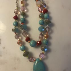 Turquoise Two Strand Necklace With Pendant 