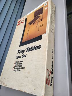 Quaker Tray Tables 5 pc set, parquet style (TV trays) vintage mid-century modern NIB new in box NOS new old stock