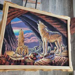 Sanchez coyote & pottery acrylic on velvet western painting