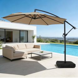 10ft Patio Umbrella with Base Included, Outdoor Offset Cantilever Umbrella with Sandbag Base for Backyard, Garden and Pool, Easy to Tilt and Crank, Ta