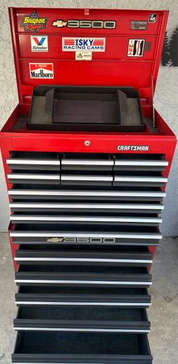 Craftsman toolbox, Socket set, and Vise
