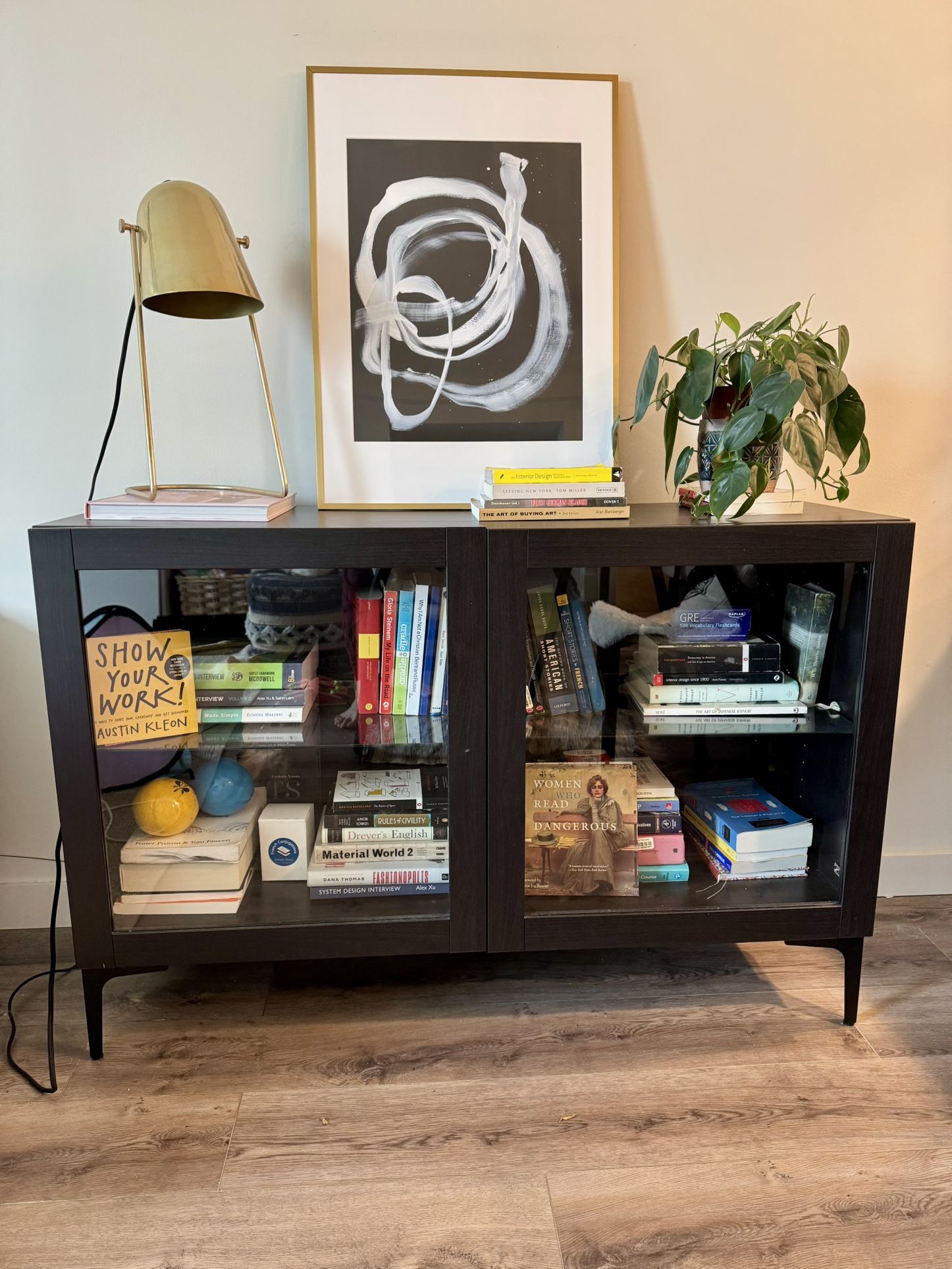 Dark Brown Wood Bookcase with Glass Doors