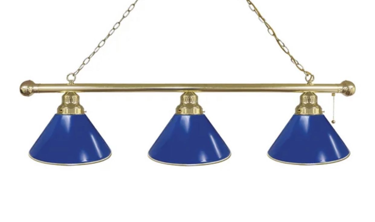 3-Light Pool Table Lights Linear Pendant. Brass & Royal Blue. 13'' H x 54'' W x 14'' D. Number of Lights: 3 Fixture Design: Pool Table Lights. MSRP $4