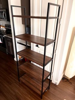 5 Tier Bookshelf Dark Wood & Black Metal Shelf Great condition (pick up Cedar Park)